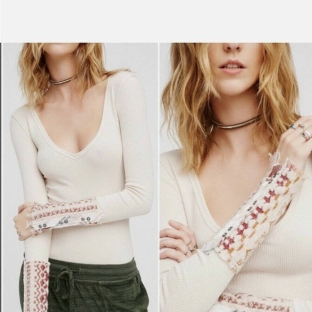 We The Free Free People Art School embroidered vneck waffle weave thermal shirt.
